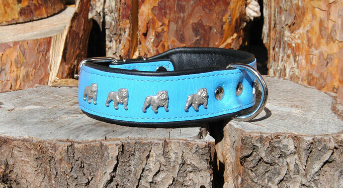 M&D Leder-Hundehalsband, 3,8 Cm Breit, Mit Bulldoggen-Muster (Größe L: 50–61 Cm, Schwarz)