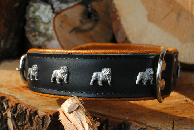 M&D Leder-Hundehalsband, 3,8 Cm Breit, Mit Bulldoggen-Muster (Größe L: 50–61 Cm, Schwarz)