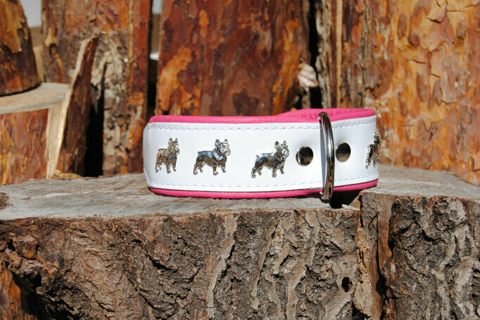 Lederhalsband mit Nieten Französische Bulldogge, Größe: 45cm Breite 4cm, Farbe: weiß/pink