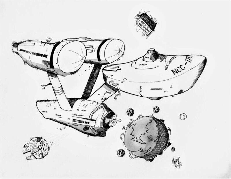 USS Enterprise - Original Drawing -11&quot;x 14&quot; Aviation Caricature by Michael Hopkins.