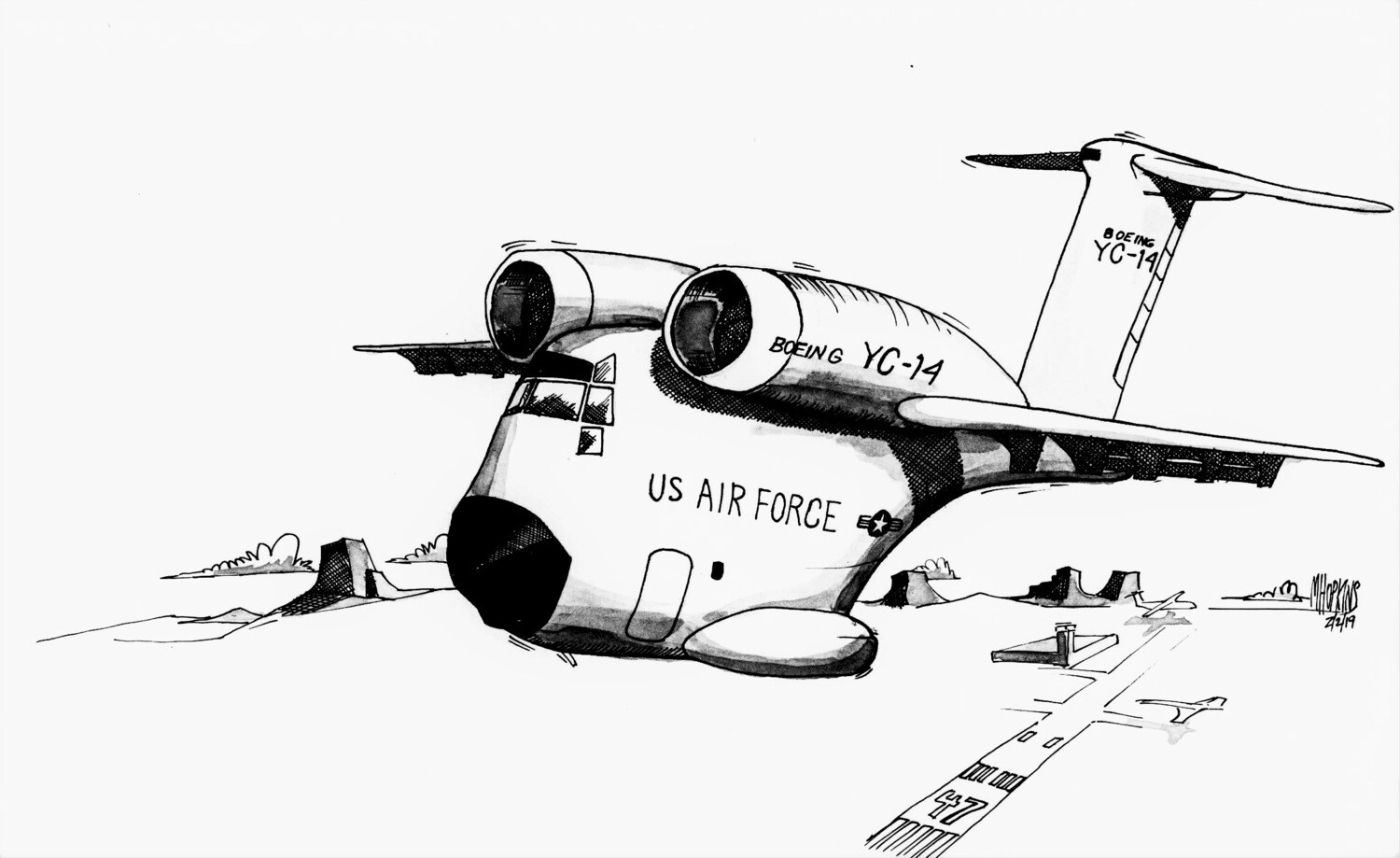 Boeing YC-14 Original Caricature by Michael Hopkins