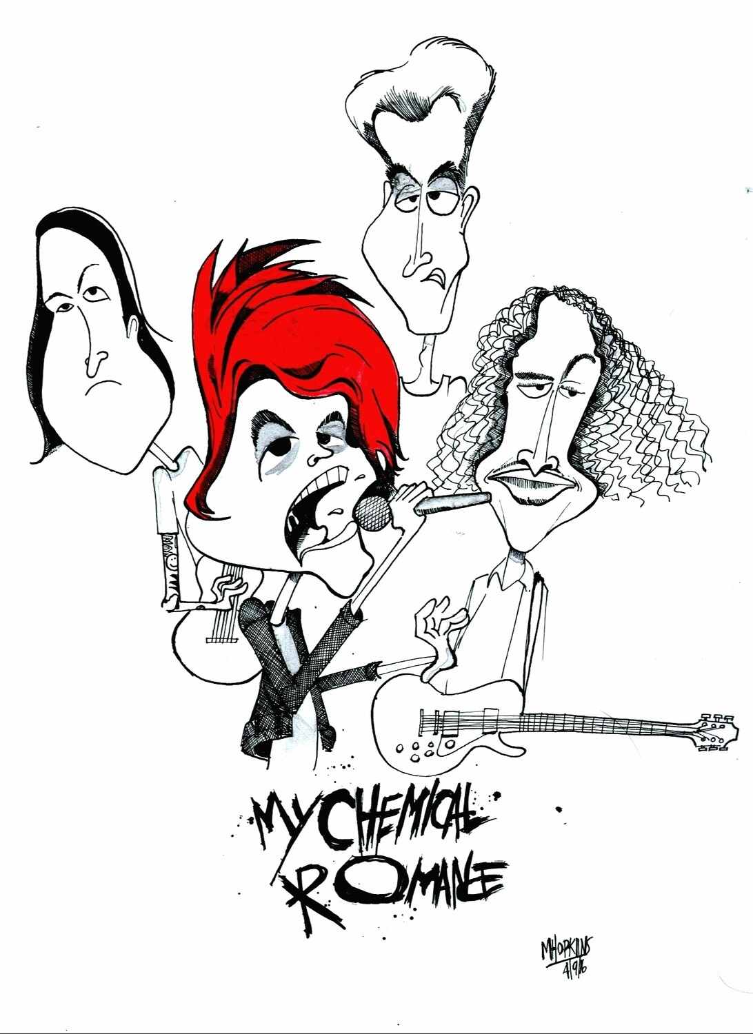 My Chemical Romance - 12"x 15 3/4" Original Pen and Ink Caricature by Michael Hopkins.