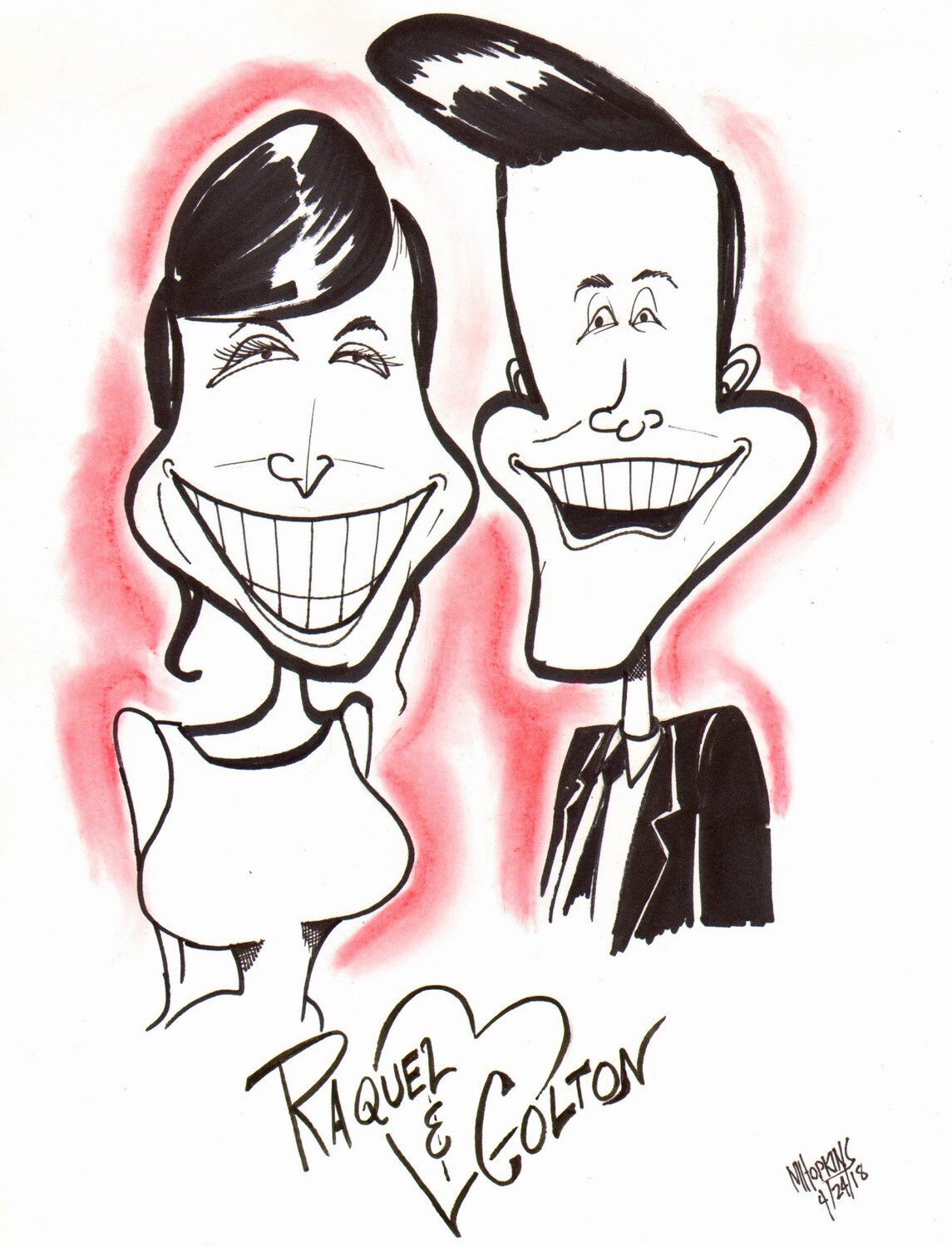 Two Person (Face/Upper Body Only) 11" x 14" Black & White Caricature with Color Highlights