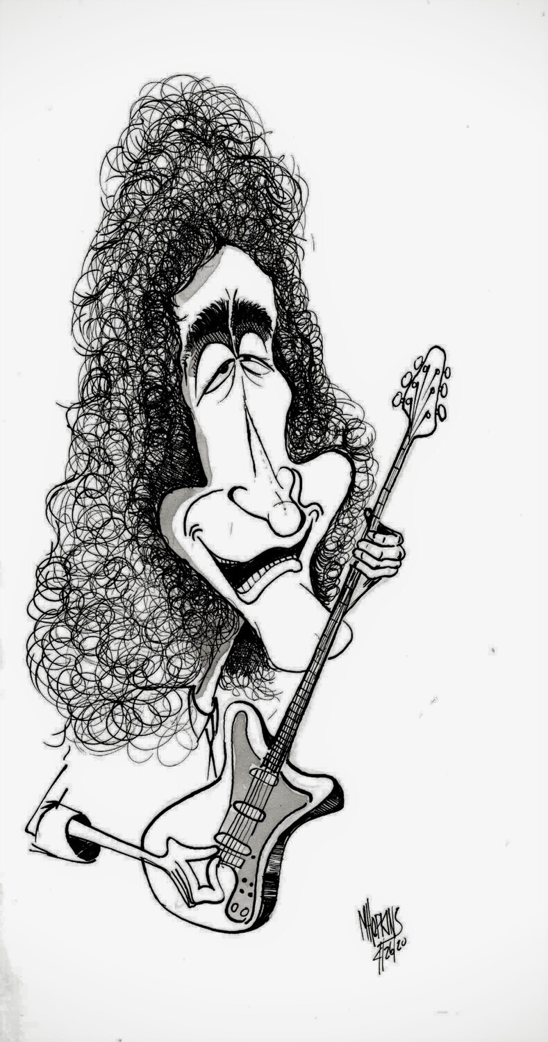 Brian May - Original 16"x 8 1/2" Pen and Ink Caricature by Michael Hopkins.