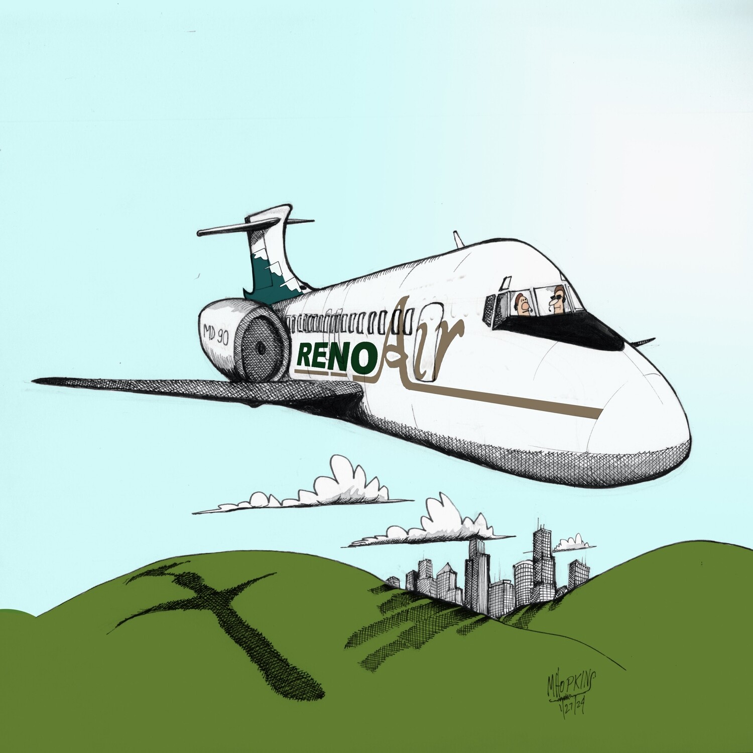 Reno Air McDonnell Douglas MD90 11&quot; x 14&quot; and 8&quot; x 10&quot; Aviation Caricature Limited Edition Prints by Michael Hopkins