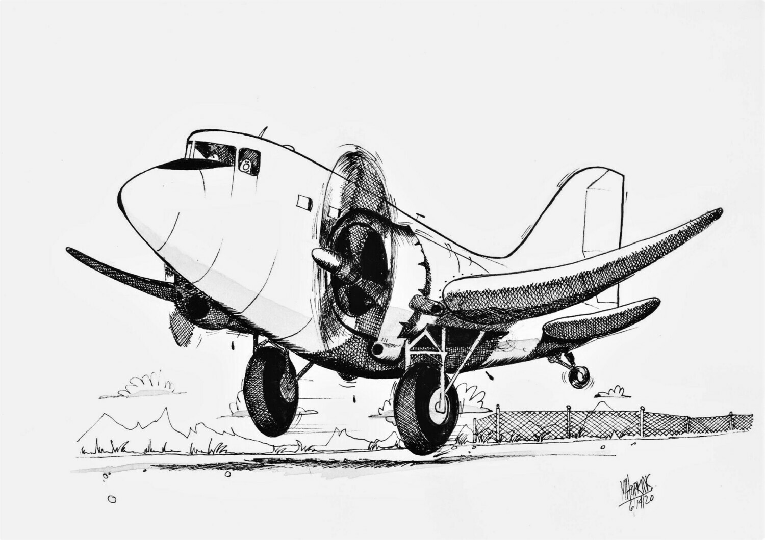 Douglas DC-3 - 11" x 14" Original Drawing by Michael Hopkins.