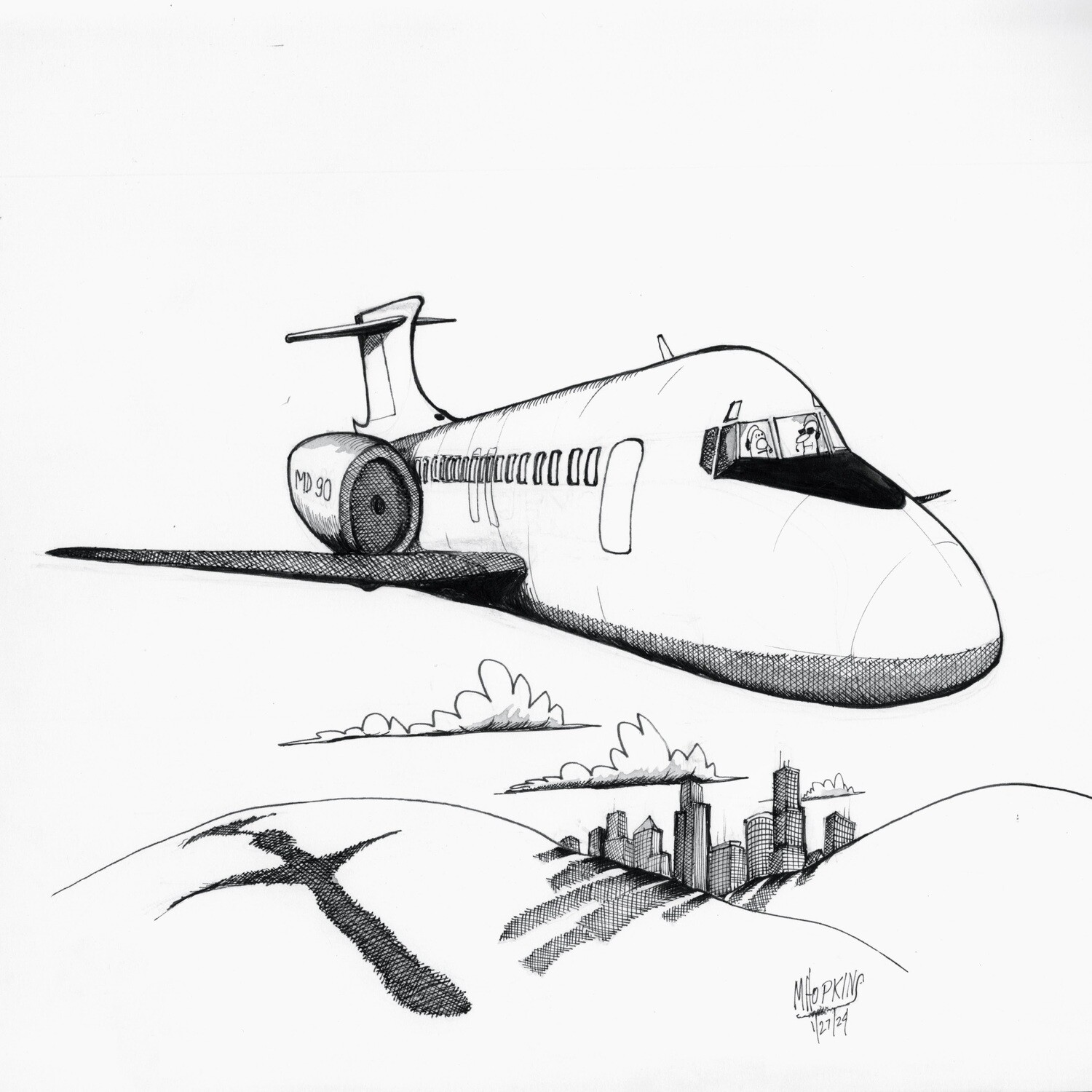 MD-90 - 11" x 12" Original Drawing by Michael Hopkins