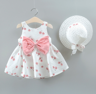 2-piece Baby / Toddler Fruit Apple Cherry Allover Bow Decorative Dress and Hat Set