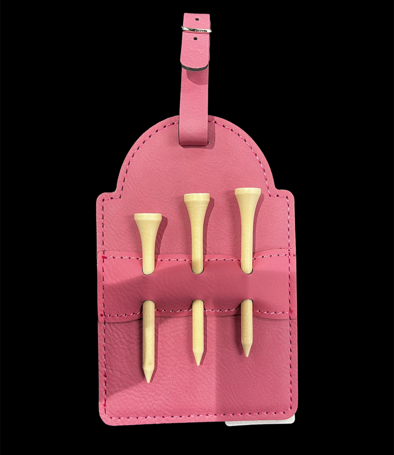 5" x 3 1/4" Pink Laserable Leatherette Golf Bag Tag with 3 Wooden Tees