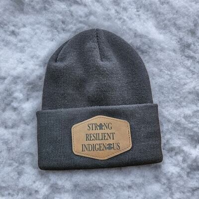 Strong Resilient Indigenous Knit Beanie with Leather Hat