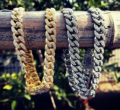 Iced Out Paved Rhinestones 1Set 13MM Gold Silver Full Miami Curb Cuban Chain CZ Bling Rapper Necklaces For Men Hip Hop Jewelry