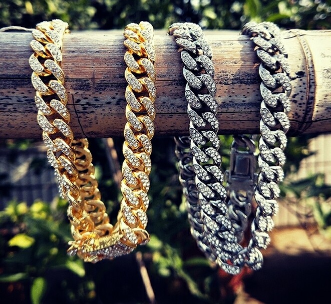 Iced Out Paved Rhinestones 1Set 13MM Gold Silver Full Miami Curb Cuban Chain CZ Bling Rapper Necklaces For Men Hip Hop Jewelry