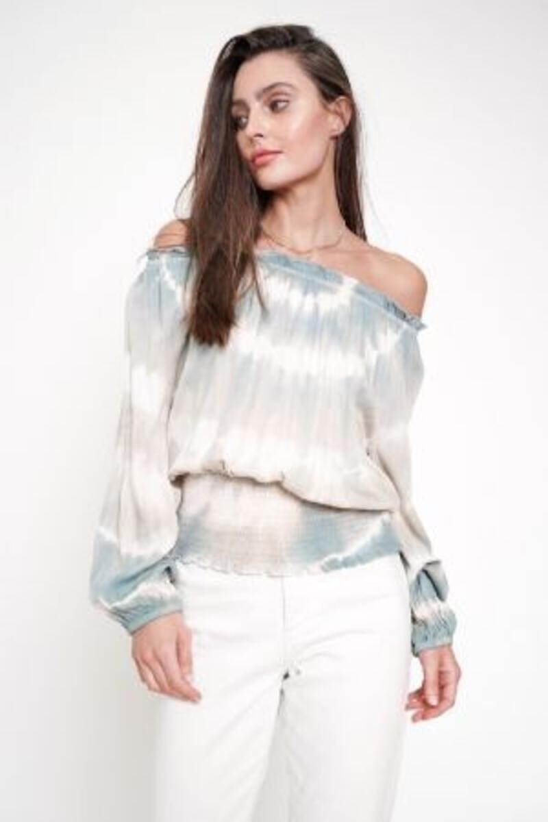 Mystree Blue and Stone Tie Dye Top with Smocking