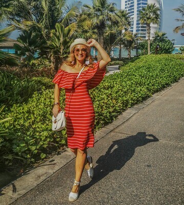 The Burj: Striped Red and White Off Shoulder Dress The Burj: Striped Red and White Off Shoulder Dress