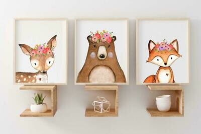 Woodland Watercolour Animals Fox, Deer & Bear Wall Art Prints - Set of 3