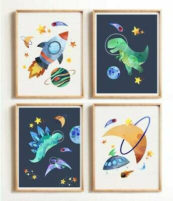 Dinosaur Space Wall Art Prints - Set of 4