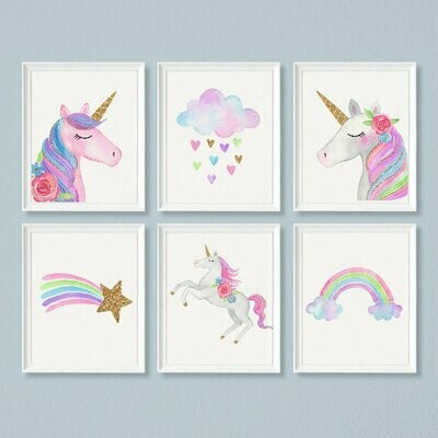Watercolour Unicorn & Cloud Wall Art Prints - Set of 6