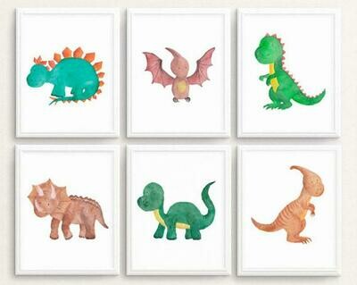 Dinosaur Watercolour Wall Art Prints - Set of 6