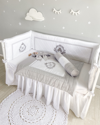 Bespoke Handmade Cot Bedding Set - Longboard Teddy: White