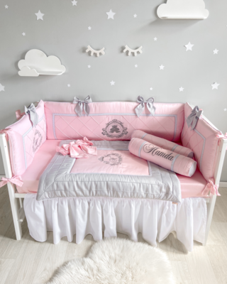 Bespoke Handmade Cot Bedding Set - Longboard Teddy: Pink