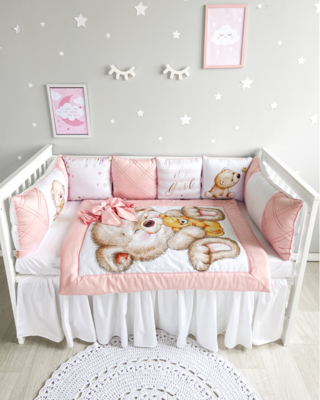 Bespoke Handmade Cot Bedding Set - Teddy Bear Print: Pink