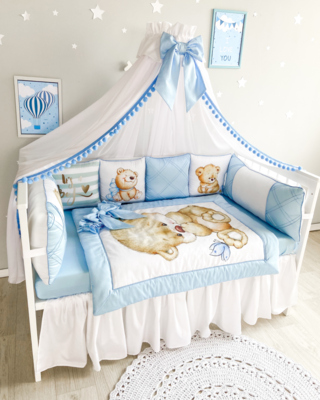 Bespoke Handmade Cot Bedding Set - Teddy Bear Print: Blue