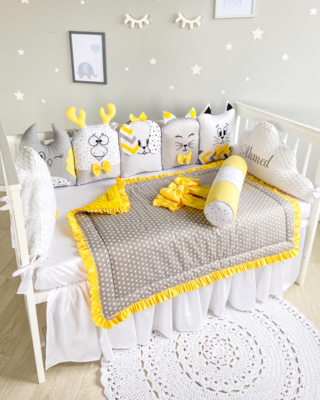 Bespoke Handmade Cot Bedding Set - Animal Friends: Yellow