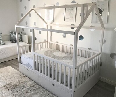 Wooden House Bed Frame with Storage & Rails Wooden House Bed Frame with Storage & Rails