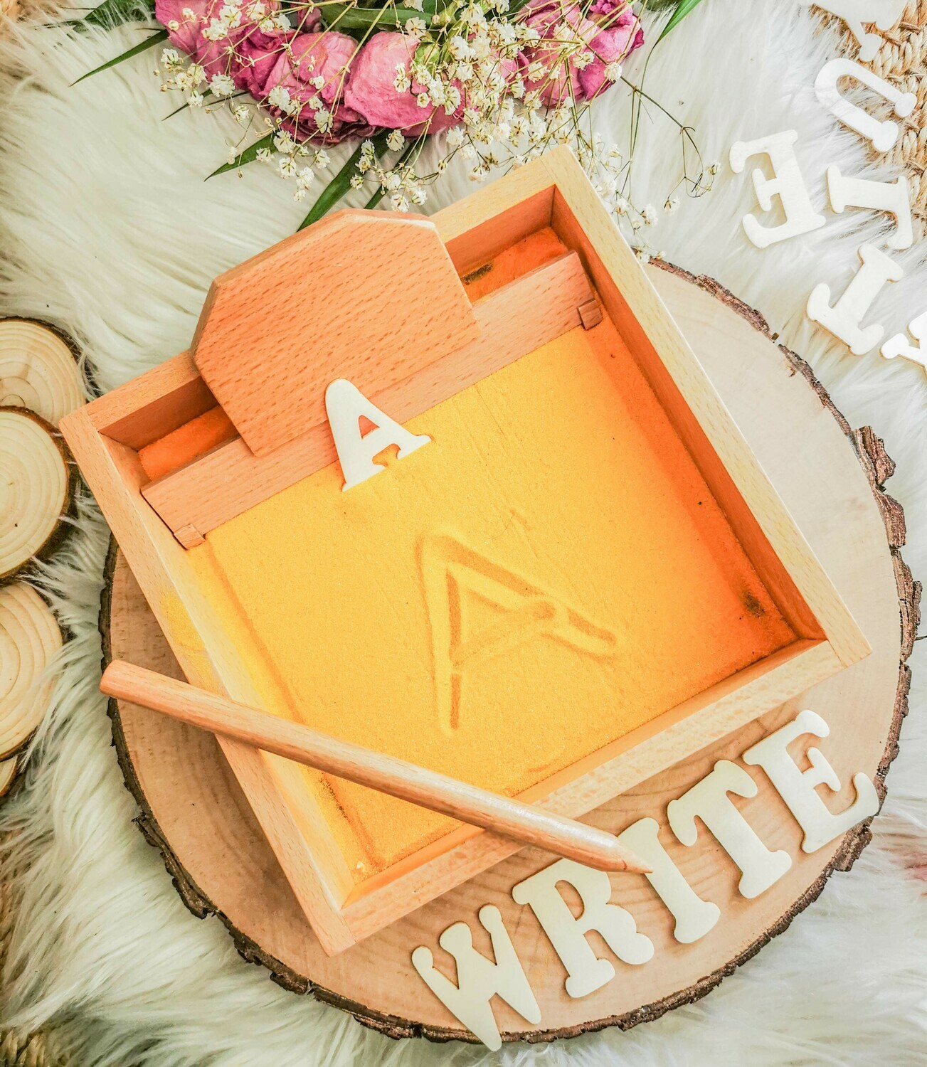 Letter Formation Sand Tray with a Wooden Pen