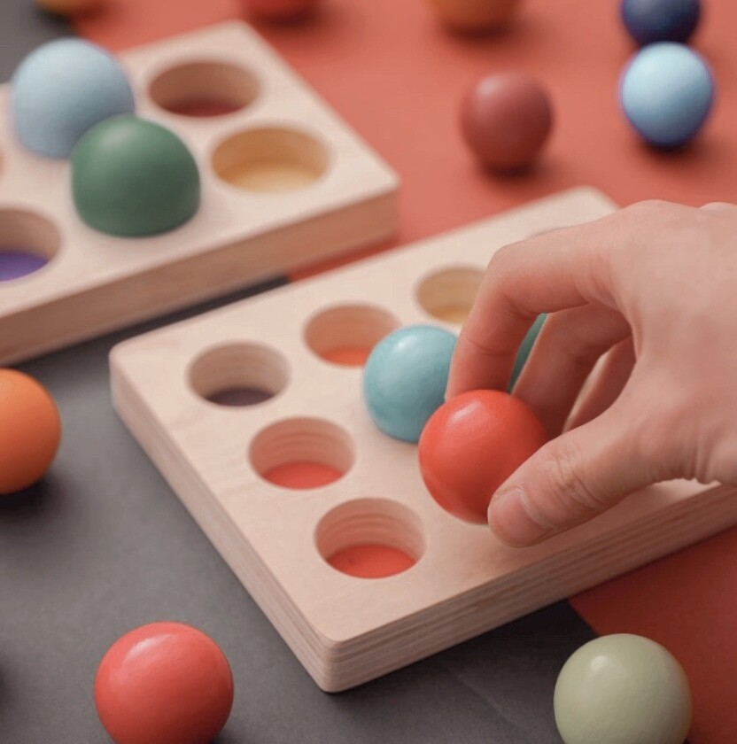 Rainbow Wooden (12) Balls with Tray