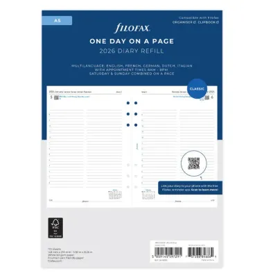 Filofax Agendavulling A5 - 1 dag per blad - 2026