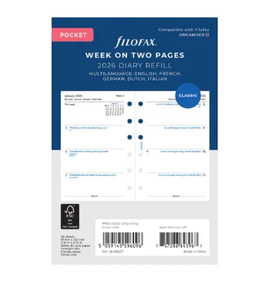Filofax Agenda vulling Pocket 7 dagen  2026