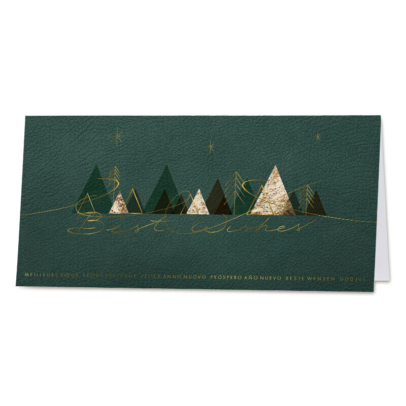 Groene zakelijke kerstkaart met trendy kerstbomen en details in goudfolie