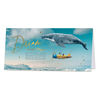 Nieuwjaarskaart walvis zeppelin 'Dream and make it happen'
