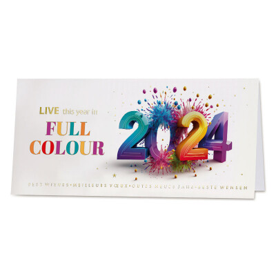 Nieuwjaarskaart met kleurrijk jaartal en verfspatten met goudfolie
