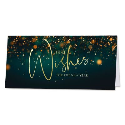 Feestelijke zakelijke nieuwjaarskaart met Best Wishes in goudfolie