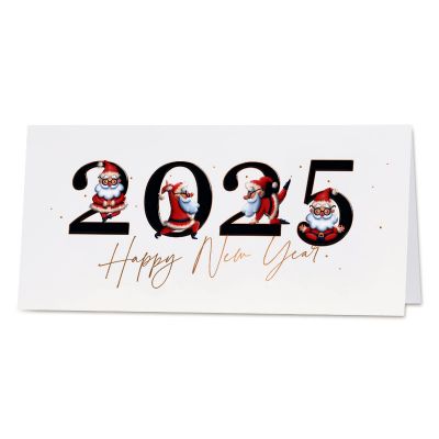 Zakelijke nieuwjaarskaart 2025 met sportende kerstmannen HNY