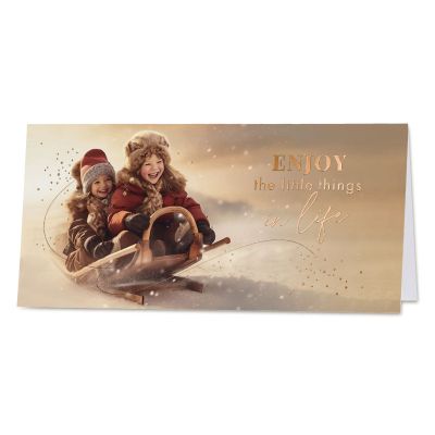Zakelijke kerstkaart kids op slee met koperfolie