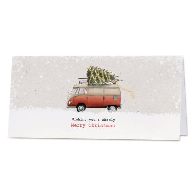 Zakelijke kerstkaart kerstman in VW-busje met kerstboom op dak