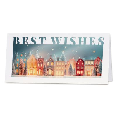 Zakelijke kerstkaart winterse huisjes Best Wishes en goudfolie