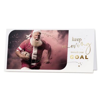 Zakelijke kerstkaart kerstman met rugbybal &#39;Keep Moving towards your goal&#39;
