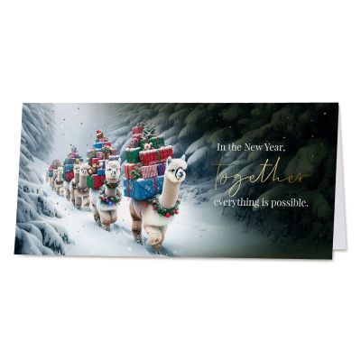 Zakelijke kerstkaart alpaca&#39;s met kleurrijke pakjes