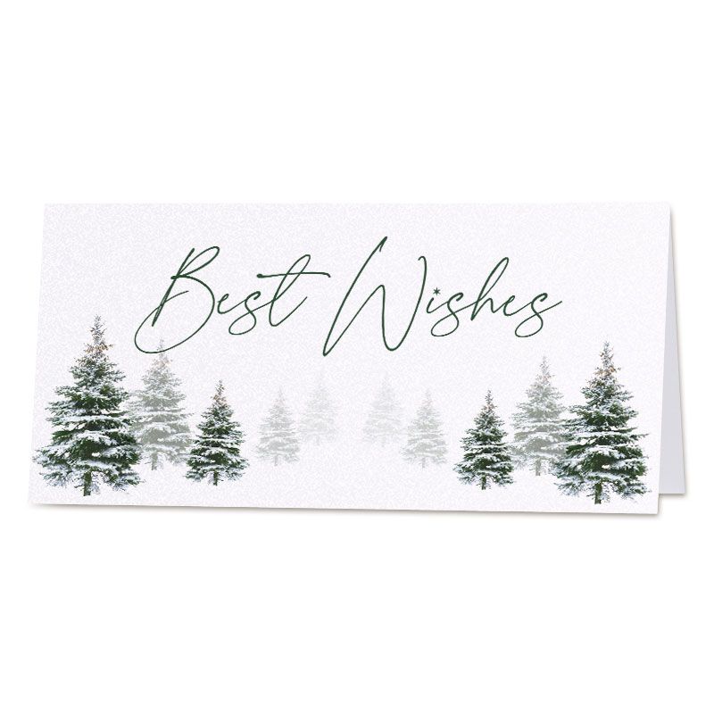 Winterse kerstkaart met besneeuwde dennenbomen en Best Wishes
