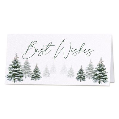 Winterse kerstkaart met besneeuwde dennenbomen en Best Wishes