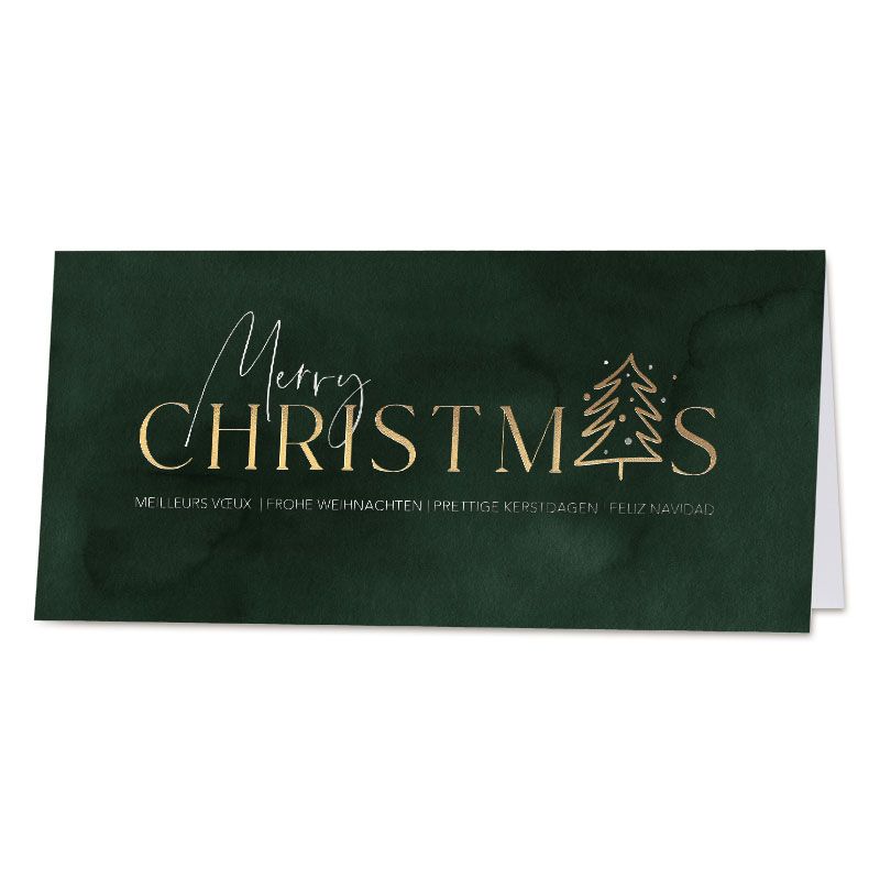 Donkergroene kerstkaart Merry Christmas in goud en zilver