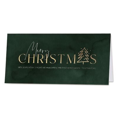 Donkergroene kerstkaart Merry Christmas in goud en zilver