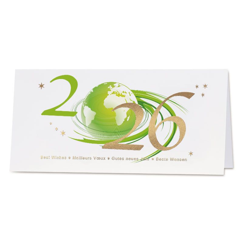 Nieuwjaarskaart met groene wereldbol en jaartal in goudfolie