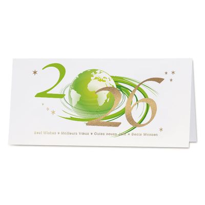 Nieuwjaarskaart met groene wereldbol en jaartal in goudfolie