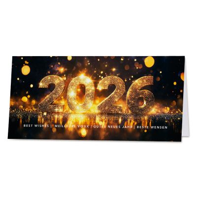 Sprankelende nieuwjaarskaart 2026 in goudtinten