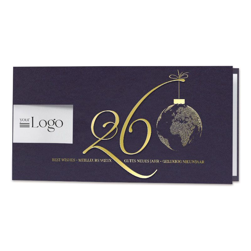 Blauwe wenskaart met logo uitkap en stijlvolle foliepreeg